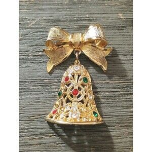 Avante Christmas Bell Red Green White Rhinestone Gold Tone Vintage Brooch
